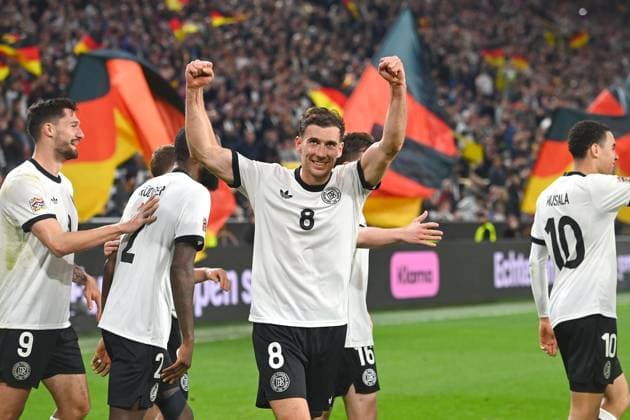 collective goal celebration from left Tim KLEINDIENST GER , Antonio Ruediger GER , Leon GORETZKA GER ,Antonio Ruediger GER , cheering,joy,enthusiasm,action, Soccer Nations League quarterfinal Germany GER Italy ITA on 23 03 2025, Signal Iduna Park