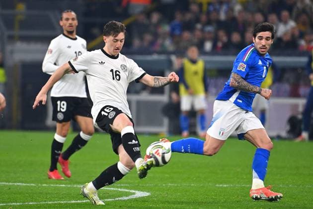 Angelo STILLER GER , action,duel against Sandro TONALI ITA Soccer Nations League quarterfinal Germany GER Italy ITA 3 3 on 23 03 2025, Signal Iduna Park
