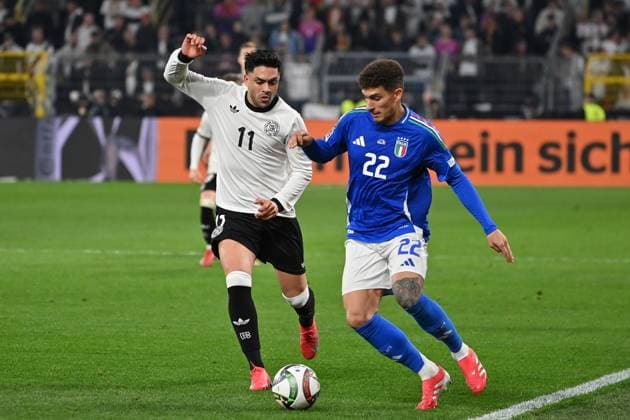 23 03 2025, xjrdrx, Football UEFA Nations League, Germany Italy v l Nadiem Amiri German National Football Team DFB Giovanni di Lorenzo Italy duel, action, action, battle for the ball DFL DFB REGULATIONS PROHIBIT ANY USE OF PHOTOGRAPHS as IMAGE SEQUENCES and or QUASI VIDEO Dortmund