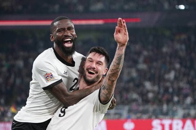 Mens national team, Football, Nations League, 23 03 2025, Signaliduna Park, Dortmund Germany vs Italy , Antonio Rüdiger , Tim Kleindienst both Germany, Goal celebration