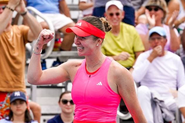 March 23, 2025, Miami, Florida, USA: Elina Svitolina (UKR) reacts after winning her women s singles third round match against Karolina Muchova (not pictured) at the 2025 Miami Open presented by Itau at Hard Rock Stadium. Miami USA - ZUMAw109 20250323_fap_w109_009 Copyright: xDebbyxWongx