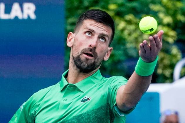 March 23, 2025, Miami, Florida, USA: Novak Djokovic (SRB) serves to Camilo Ugo Carabelli (not pictured) during the men s singles third round match at the 2025 Miami Open presented by Itau at Hard Rock Stadium. Miami USA - ZUMAw109 20250323_fap_w109_034 Copyright: xDebbyxWongx