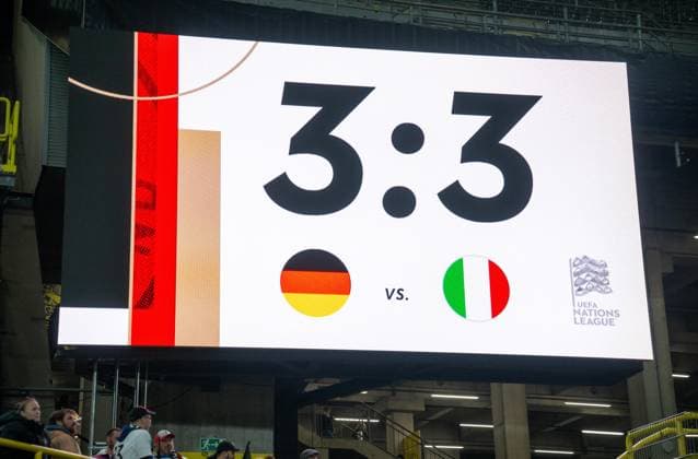 Soccer, men, 2024 25 season, UEFA Nations League quarter-final second leg in Dortmund, Germany Italy 3 3 , scoreboard with 3 3 final score, 23 03 2025, Copyright: xMatthiasxKochx