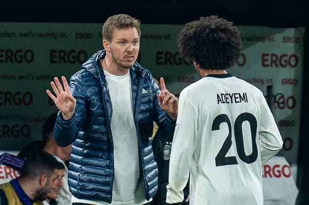 23 03 2025, Germany vs Italy, Nations League, quarter-final second leg Julian Nagelsmann Germany, head coach and Karim Adeyemi Germany, 20 Copyright: xBahhoxKarax