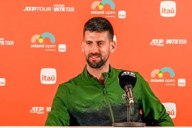 March 23, 2025, Miami, Florida, USA: Novak Djokovic (SRB) speaks to the media after winning his men s singles third round match against Camilo Ugo Carabelli (not pictured) during the at the 2025 Miami Open presented by Itau at Hard Rock Stadium. Miami USA - ZUMAw109 20250323_fap_w109_053 Copyright: xDebbyxWongx