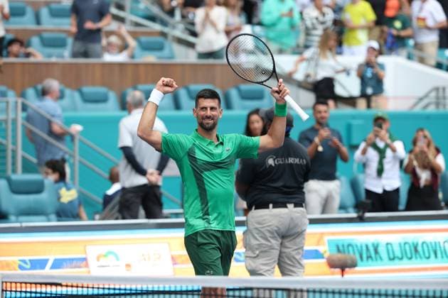 March 23, 2025, Miami Gardens, Florida, United States Of America: MIAMI GARDENS, FLORIDA - MARCH 23: Novak Djokovic of Serbia defeats Camilo Ugo Carabelli of Argentina during Day 6 of the Miami Open at Hard Rock Stadium on March 23, 2025 in Miami Gardens, Floriida...People: Novak Djokovic Miami Gardens United States Of America - ZUMAs214 20250323_ada_s214_096 Copyright: xSMGx