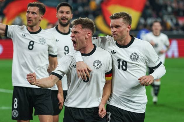 UEFA Nations League 24 25 Germany Italy on 23 03 2025 at the Signal Iduna Park in Dortmund Cheers, goal celebration, goal scorer, goal scorer Joshua Kimmich Germany 6 celebrates after his goal to make it 1 - 0 with Maximilian Mittelstädt Mittelstaedt Germany 18 MH