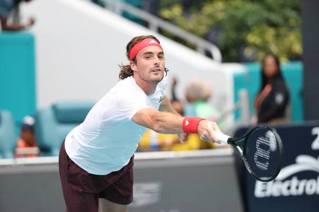 March 23, 2025, Miami Gardens, Florida, United States Of America: MIAMI GARDENS, FLORIDA - MARCH 23: Sebastian Korda of the United States defeats Stefanos Tsitsipas of Greece during Day 6 of the Miami Open at Hard Rock Stadium on March 23, 2025 in Miami Gardens, Florida....People: Stefanos Tsitsipas Miami Open 2025 - Day 6  - ZUMAs214 20250323_ada_s214_180 Copyright: xSMGx