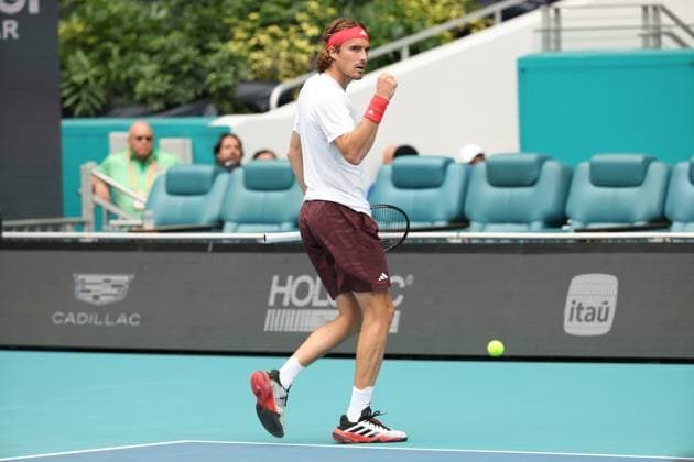 March 23, 2025, Miami Gardens, Florida, United States Of America: MIAMI GARDENS, FLORIDA - MARCH 23: Sebastian Korda of the United States defeats Stefanos Tsitsipas of Greece during Day 6 of the Miami Open at Hard Rock Stadium on March 23, 2025 in Miami Gardens, Florida....People: Stefanos Tsitsipas Miami Gardens United States Of America - ZUMAs214 20250323_ada_s214_199 Copyright: xSMGx