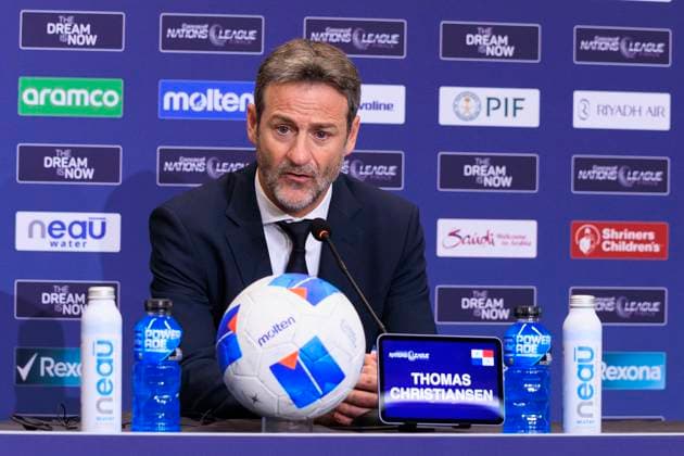March 23, 2025, Inglewood, California, USA: Head coach, Thomas Christiansen of Panama during a press conference, PK, Pressekonferenz after losing the CONCACAF Nations League Cup Final game against Mexico on Sunday March 23, 2025 at SoFi Stadium in Inglewood, California. JAVIER ROJAS PI Inglewood USA - ZUMAp124 20250323_zaa_p124_113 Copyright: xJavierxRojasx