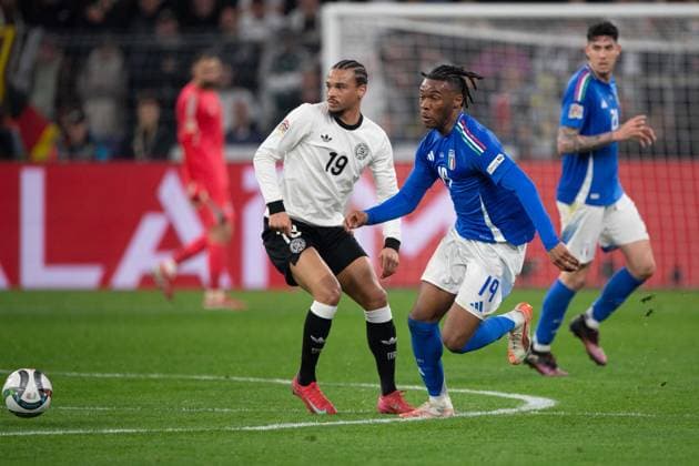 Destiny UDOGIE ITA vs Leroy SANE GER action, duel, Football UEFA Nations League Quarterfinal, Round of 8, Germany GER Italy ITA 3 3 on 23 03 2024 at Signal Iduna Park Dortmund,