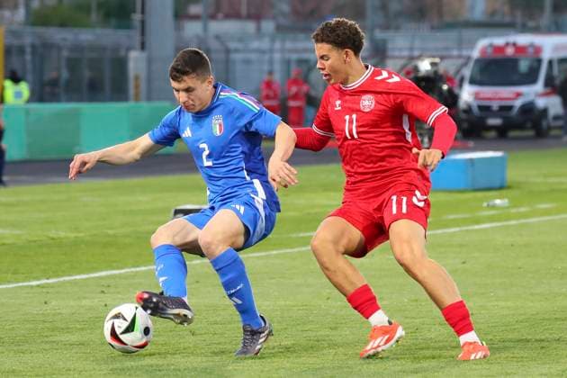 Mattia Zanotti ,Clement Mutahi Bischoff In action during the Serie BKT soccer match between Italia and Danimarca under 21, test match at the Pier Cesare Tombolato Stadium, north Est Italy - Monday, March 24, 2025. - Soccer  Copyright: xPaolaxGarbuio LaPressex