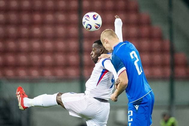 SLOVAKIA U21, U 21 - FRANCE U21 Jakub Jakubko of Slovakia and Arnaud Kalimuendo of France during the friendly international football match ahead of 2025 UEFA European Under-21 Championship between Slovakia U21 and France U21. Trnava, Slovakia, March 24, 2025. Photo by Branislav Racko Copyright: xx 080A8363