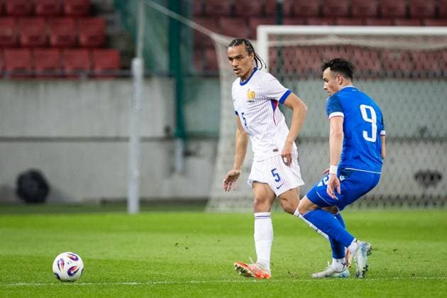 SLOVAKIA U21, U 21 - FRANCE U21 Roman Cerepkai of Slovakia and Kiliann Sildillia of France during the friendly international football match ahead of 2025 UEFA European Under-21 Championship between Slovakia U21 and France U21. Trnava, Slovakia, March 24, 2025. Photo by Branislav Racko Copyright: xx 080A8413