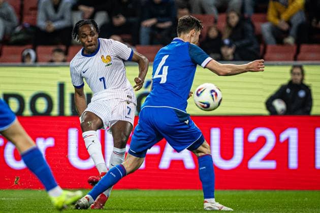 SLOVAKIA U21, U 21 - FRANCE U21 Mathys Tel of France scores a goal during the friendly international football match ahead of 2025 UEFA European Under-21 Championship between Slovakia U21 and France U21. Trnava, Slovakia, March 24, 2025. Photo by Branislav Racko Copyright: xx 080A8490