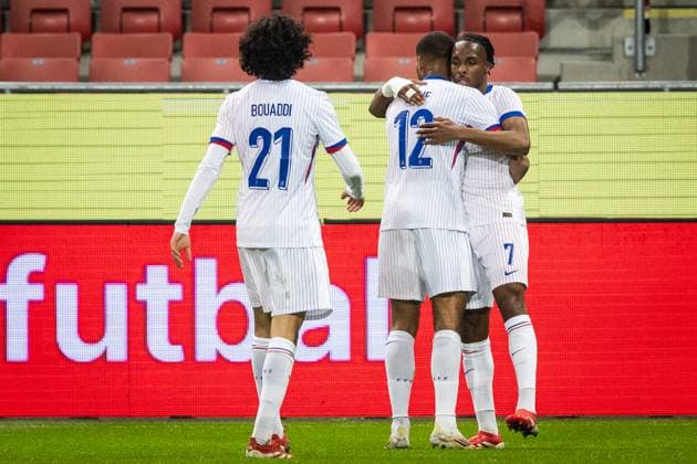 SLOVAKIA U21, U 21 - FRANCE U21 Mathys Tel of France cebebrates a goal with Ayyoub Bouaddi, Andy Diouf during the friendly international football match ahead of 2025 UEFA European Under-21 Championship between Slovakia U21 and France U21. Trnava, Slovakia, March 24, 2025. Photo by Branislav Racko Copyright: xx 080A8507