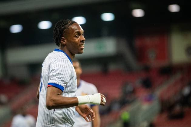 SLOVAKIA U21, U 21 - FRANCE U21 Mathys Tel of France celebrates a goal during the friendly international football match ahead of 2025 UEFA European Under-21 Championship between Slovakia U21 and France U21. Trnava, Slovakia, March 24, 2025. Photo by Branislav Racko Copyright: xx _BRR6575