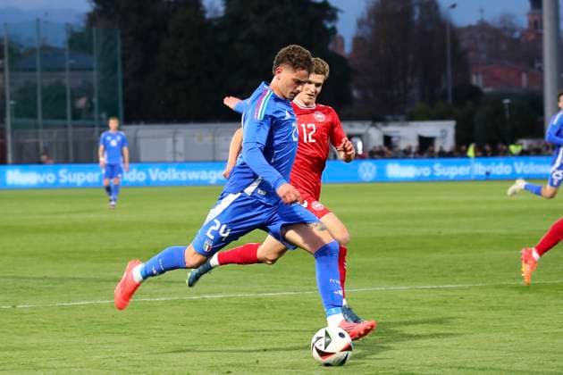 Fußball, U21, Italien - Dänemark Sebastiano Esposito In action during the Serie BKT soccer match between Italia and Danimarca under 21, test match at the Pier Cesare Tombolato Stadium, north Est Italy - Monday, March 24, 2025. - Soccer  Copyright: xPaolaxGarbuio LaPressex