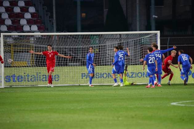 Fußball, U21, Italien - Dänemark Oliver Jensen Sorensen celebration goal 0-1 In action during the Serie BKT soccer match between Italia and Danimarca under 21, test match at the Pier Cesare Tombolato Stadium, north Est Italy - Monday, March 24, 2025. - Soccer  Copyright: xPaolaxGarbuio LaPressex