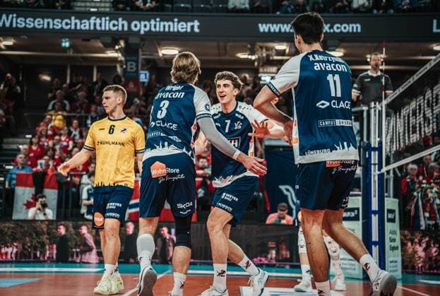 Volleyball Men Season 2024 2025 Volleyball Bundesliga Playoff Quarterfinals Game 1 SVG Lüneburg vs FT 1844 Freiburg 24 03 2025 Joscha Kunstmann 7 SVG Lüneburg cheers with Xander Wolf Wassenaar Ketrzynski 11 SVG Lüneburg and Michael Patrick Wright 3 SVG Lüneburg Lüneburg LKH Arena Niedersachsen Germany