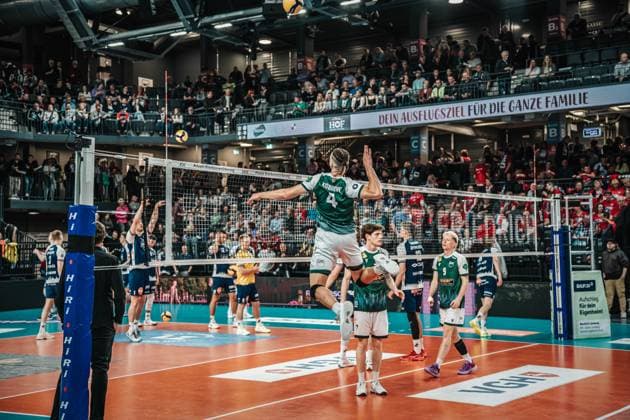 Volleyball Men Season 2024 2025 Volleyball Bundesliga Playoff Quarterfinals Game 1 SVG Lüneburg vs FT 1844 Freiburg 24 03 2025 Kevin Kobrine 4 FT 1844 Freiburg hitting the ball Lüneburg LKH Arena Niedersachsen Germany