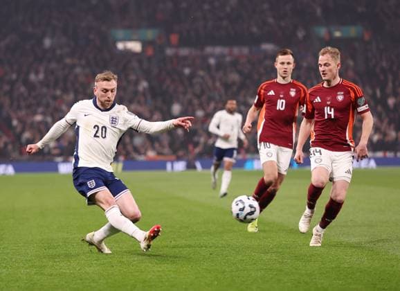London, England, 24th March 2025. Jarrod Bowen of England crosses the ball past Andrejs Ciganiks of Latvia during the FIFA World Cup, WM, Weltmeisterschaft, Fussball European Qualifying match at Wembley Stadium, London. Picture credit should read: David Klein Sportimage EDITORIAL USE ONLY. No use with unauthorised audio, video, data, fixture lists, club league logos or live services. Online in-match use limited to 120 images, no video emulation. No use in betting, games or single club league player publications. SPI_012_DK_England_Latvia SPI-3762-0012