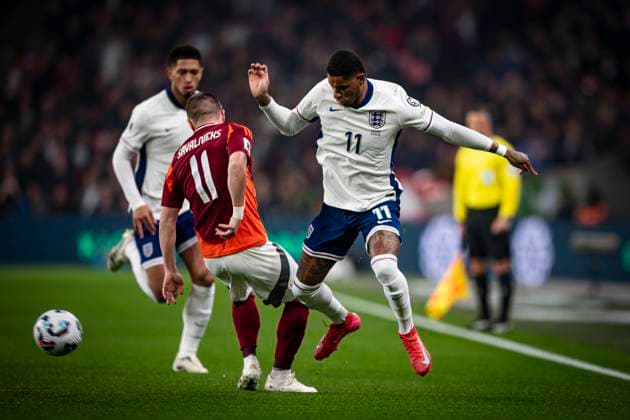 24th March 2025; Wembley Stadium, London, England; FIFA World Cup, WM, Weltmeisterschaft, Fussball Qualifying Group K International Football, England versus Latvia; Marcus Rashford of England looks to beat Emils Birka of Latvia  ActionPlus12766378 GodfreyxPitt