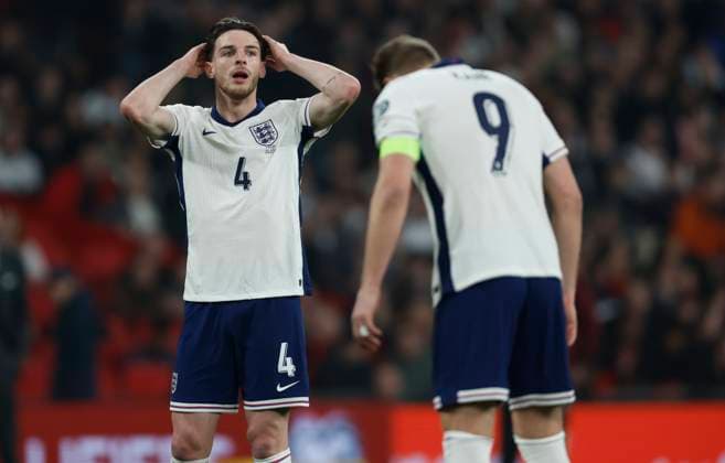 England v Latvia - European Qualifiers Group K - FIFA World Cup, WM, Weltmeisterschaft, Fussball 2026 Declan Rice of England reacts during the FIFA World Cup 2026 European Qualifier between England and Latvia at Wembley Stadium on March 24, 2025 in London, England. London Wembley Stadium England United Kingdom Copyright: xNigelxFrench Sportsphoto APLx