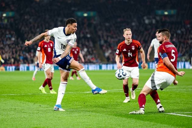 England v Latvia 2026 FIFA World Cup, WM, Weltmeisterschaft, Fussball Qualifier 24 03 2025. Morgan Rogers of England shoots towards the goal during the 2026 FIFA World Cup Qualifier match between England and Latvia at Wembley Stadium, London, England on 24 March 2025. Editorial use only , Copyright: xNigelxKeenex PSI-21665-0011