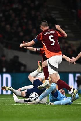 LONDON, ENGLAND - Antonijs Cernomordijs and Krisjanis Zviedris of Latvia during the FIFA World Cup, WM, Weltmeisterschaft, Fussball 2026 European Qualifier between England and Latvia at Wembley Stadium on March 24, 2025 in London, England. Photo Sebastian Frej England v Latvia - European Qualifiers Group K - FIFA World Cup 2026 Copyright: xSebastianxFrejx