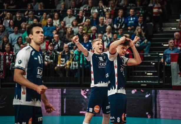 Volleyball Men Season 2024 2025 Volleyball Bundesliga Playoff Quarterfinals Game 1 SVG Lüneburg vs FT 1844 Freiburg 24 03 2025 Axel Valdemar Juul Larsen 18 SVG Lüneburg cheers after ace Lüneburg LKH Arena Niedersachsen Germany