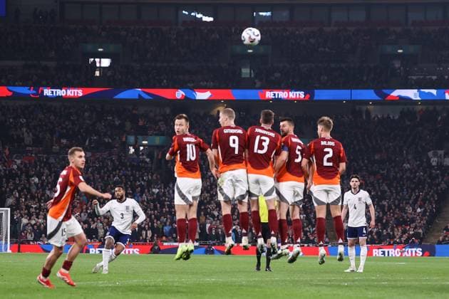 England gegen Lettland 24. März 2025, London World Cup European Qualifiers England gegen Lettland Reece James (England) erzielt das erste Tor aus einem Freistoß Foto Jacques Feeney Abseits London UK  Copyright: xJacquesxFeeneyx xOffsidexOffside