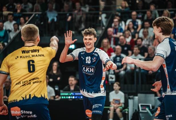 Volleyball Men Season 2024 2025 Volleyball Bundesliga Playoff Quarterfinals Game 1 SVG Lüneburg vs FT 1844 Freiburg 24 03 2025 Neo Laumann 13 SVG Lüneburg cheers with Gage Thomas Worsley 6 SVG Lüneburg Lüneburg LKH Arena Niedersachsen Germany