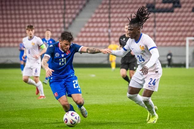 SLOVAKIA U21, U 21 - FRANCE U21 Samuel Kopasek of Slovakia and Loum Tchaouna of France during the friendly international football match ahead of 2025 UEFA European Under-21 Championship between Slovakia U21 and France U21. Trnava, Slovakia, March 24, 2025. Photo by Branislav Racko Copyright: xx _BRR6621