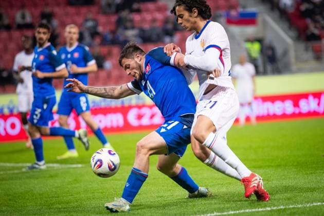 SLOVAKIA U21, U 21 - FRANCE U21 Samuel Kopasek of Slovakia and Ayyoub Bouaddi of France during the friendly international football match ahead of 2025 UEFA European Under-21 Championship between Slovakia U21 and France U21. Trnava, Slovakia, March 24, 2025. Photo by Branislav Racko Copyright: xx _BRR6635