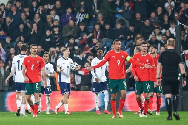 England v Portugal - Men s U21, U 21 International England U21s celebrate their third goal during the Under 21 International Friendly, Länderspiel, Nationalmannschaft match between England and Portugal at The Hawthorns in West Bromwich, England, on March 24, 2025. West Bromwich West Midlands United Kingdom  Copyright: xMIxNewsx originalFilename:fletcher-englandu250324_np4f9.jpg