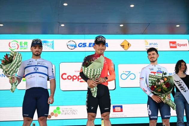 25-03-2025 Settimana Internazionale Coppi E Bartali; Tappa 01 Ferrara - Bondeno; 2025, Ineos Grenadiers; 2025, Israel - Premier Tech; 2025, Totalenergies; Ewan, Caleb; Kogut, Oded; Tesson, Jason; Bondeno; 