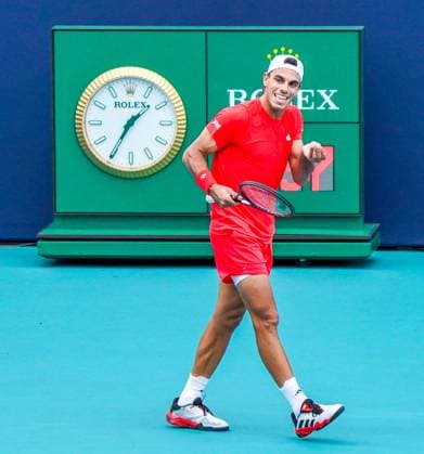 March 25, 2025, Miami, Florida, USA: FRANCISCO CERUNDOLO (ARG) reacts after a shot against Casper Ruud (not pictured) during the men s singles fourth round match at the 2025 Miami Open presented by Itau at Hard Rock Stadium. Cerundolo won 6-4, 6-2. Miami USA - ZUMAw109 20250325_fap_w109_027 Copyright: xDebbyxWongx
