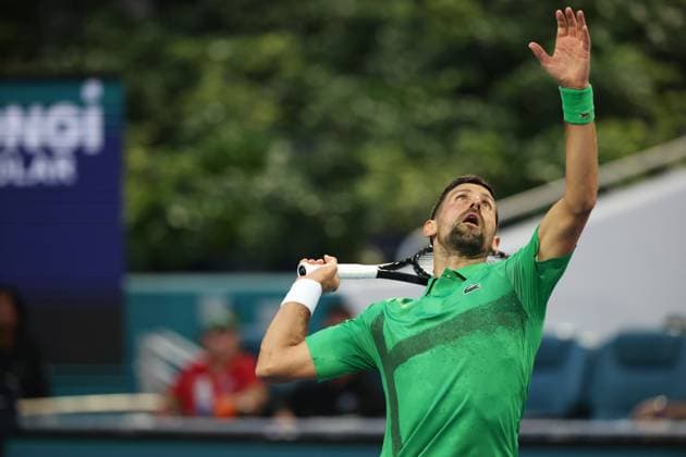 March 25, 2025, Miami Gardens, Florida, United States Of America: MIAMI GARDENS, FLORIDA - MARCH 25: Novak Djokovic of Serbia defeats Lorenzo Musetti of Italy in the fourth round of the men s singles during Day 8 of the Miami Open at Hard Rock Stadium on March 25, 2025 in Miami Gardens, Florida....People: Novak Djokovic Miami Gardens United States Of America - ZUMAs214 20250325_ada_s214_045 Copyright: xSMGx