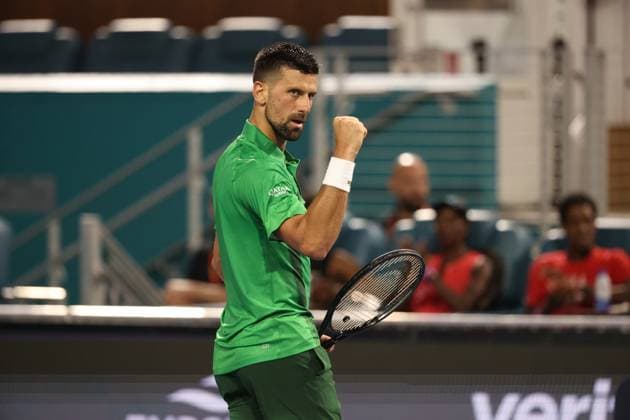March 25, 2025, Miami Gardens, Florida, United States Of America: MIAMI GARDENS, FLORIDA - MARCH 25: Novak Djokovic of Serbia defeats Lorenzo Musetti of Italy in the fourth round of the men s singles during Day 8 of the Miami Open at Hard Rock Stadium on March 25, 2025 in Miami Gardens, Florida....People: Novak Djokovic Miami Open 2025 - Day 8  - ZUMAs214 20250325_ada_s214_088 Copyright: xSMGx
