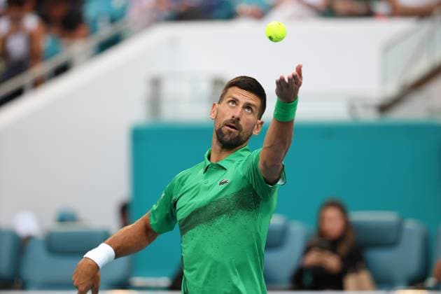 March 25, 2025, Miami Gardens, Florida, United States Of America: MIAMI GARDENS, FLORIDA - MARCH 25: Novak Djokovic of Serbia defeats Lorenzo Musetti of Italy in the fourth round of the men s singles during Day 8 of the Miami Open at Hard Rock Stadium on March 25, 2025 in Miami Gardens, Florida....People: Novak Djokovic Miami Gardens United States Of America - ZUMAs214 20250325_ada_s214_062 Copyright: xSMGx
