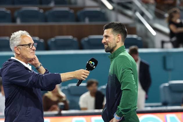 March 25, 2025, Miami Gardens, Florida, United States Of America: MIAMI GARDENS, FLORIDA - MARCH 25: Novak Djokovic of Serbia defeats Lorenzo Musetti of Italy in the fourth round of the men s singles during Day 8 of the Miami Open at Hard Rock Stadium on March 25, 2025 in Miami Gardens, Florida....People: Novak Djokovic, Andrew Krasny Miami Gardens United States Of America - ZUMAs214 20250325_ada_s214_073 Copyright: xSMGx