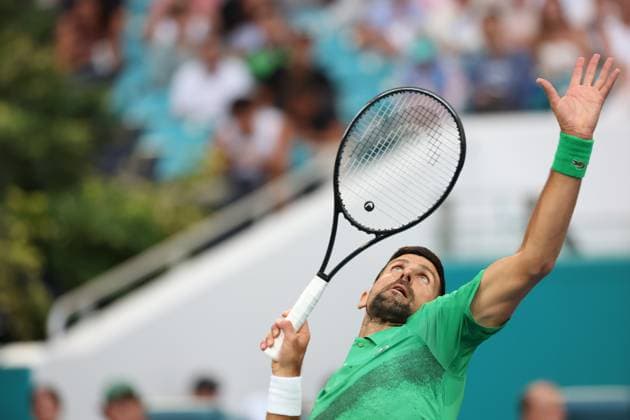 March 25, 2025, Miami Gardens, Florida, United States Of America: MIAMI GARDENS, FLORIDA - MARCH 25: Novak Djokovic of Serbia defeats Lorenzo Musetti of Italy in the fourth round of the men s singles during Day 8 of the Miami Open at Hard Rock Stadium on March 25, 2025 in Miami Gardens, Florida....People: Novak Djokovic Miami Gardens United States Of America - ZUMAs214 20250325_ada_s214_109 Copyright: xSMGx