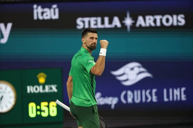 March 25, 2025, Miami Gardens, Florida, United States Of America: MIAMI GARDENS, FLORIDA - MARCH 25: Novak Djokovic of Serbia defeats Lorenzo Musetti of Italy in the fourth round of the men s singles during Day 8 of the Miami Open at Hard Rock Stadium on March 25, 2025 in Miami Gardens, Florida....People: Novak Djokovic Miami Gardens United States Of America - ZUMAs214 20250325_ada_s214_114 Copyright: xSMGx