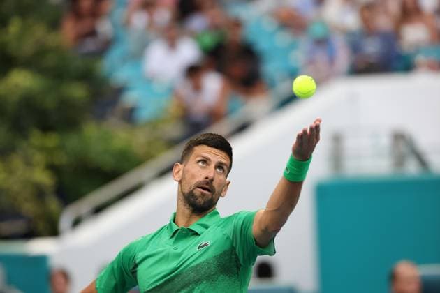 March 25, 2025, Miami Gardens, Florida, United States Of America: MIAMI GARDENS, FLORIDA - MARCH 25: Novak Djokovic of Serbia defeats Lorenzo Musetti of Italy in the fourth round of the men s singles during Day 8 of the Miami Open at Hard Rock Stadium on March 25, 2025 in Miami Gardens, Florida....People: Novak Djokovic Miami Gardens United States Of America - ZUMAs214 20250325_ada_s214_121 Copyright: xSMGx