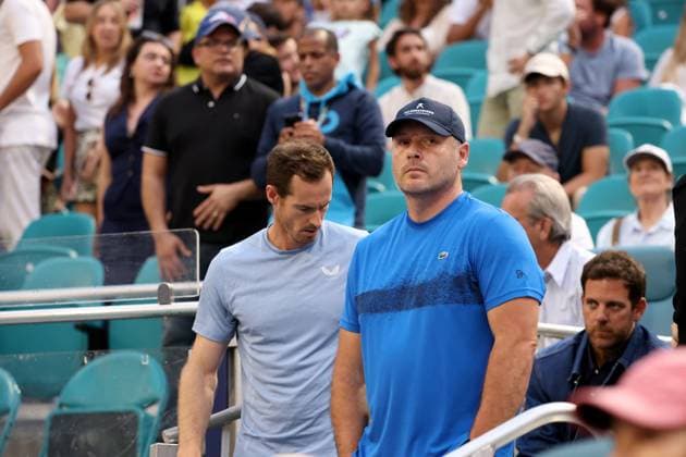 March 25, 2025, Miami Gardens, Florida, United States Of America: MIAMI GARDENS, FLORIDA - MARCH 25: Novak Djokovic of Serbia defeats Lorenzo Musetti of Italy in the fourth round of the men s singles during Day 8 of the Miami Open at Hard Rock Stadium on March 25, 2025 in Miami Gardens, Florida....People: Andy Murray, Juan Mart™n del Potro Miami Gardens United States Of America - ZUMAs214 20250325_ada_s214_157 Copyright: xSMGx