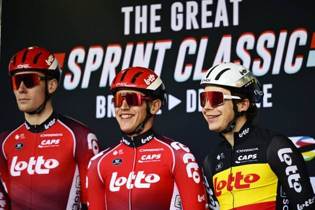Belgian Steffen De Schuyteneer of Lotto Cycling Team and Belgian Arnaud De Lie of Lotto Cycling Team pictured at the start of the Classic Brugge-De Panne men s elite one-day cycling race, 195,6 km from Brugge to De Panne, Wednesday 26 March 2025. DIRKxWAEM  x115810097x