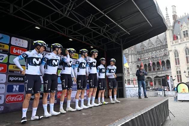 Classic Brugge De Panne 2025 cycling race DE PANNE, BELGIUM - MARCH 26 : team Movistar during the Men Elite UCI World Tour 49th Classic Brugge De Panne cycling race with start in Brugge and finish in De Panne (195,6 km) on March 26, 2025 in De Panne, Belgium, 26 03 2025 ( Motordriver Kenny Verfaillie & De Panne Belgium  Copyright: xNicoxVereeckenx