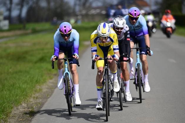 Dutch Hartthijs De Vries of Unibet Tietema Rockets, Belgian Victor Vercouillie of Team Flanders Baloise, Portuguese Antonio Morgado of UAE Team Emirates and Dutch Joren Bloem of Unibet Tietema Rockets pictured in action during the Classic Brugge-De Panne men s elite one-day cycling race, 195,6 km from Brugge to De Panne, Wednesday 26 March 2025. DIRKxWAEM  x115848611x