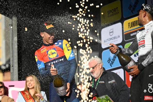 Classic Brugge De Panne 2025 cycling race DE PANNE, BELGIUM - MARCH 26 : Milan Jonathan (ITA) of Lidl - Trek, Molano Juan Sebastian (COL) of UAE Team Emirates - XRG pictured during the podium ceremony of the Men Elite UCI World Tour 49th Classic Brugge De Panne cycling race with start in Brugge and finish in De Panne (195,6 km) on March 26, 2025 in De Panne, Belgium, 26 03 2025 ( Motordriver Kenny Verfaillie & De Panne Belgium  Copyright: xJanxDexMeuleneirx